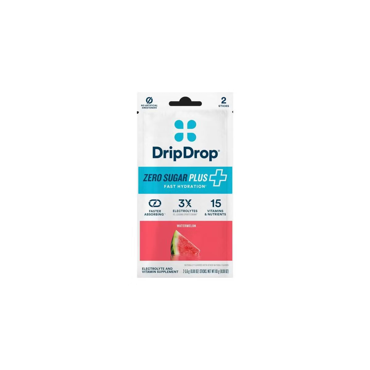 DFND Free DripDrop 2-Pack Trail, featuring watermelon-flavored hydration powder, delivers a powerful zero sugar formula with rapid hydration, three times the electrolytes, and 15 essential vitamins and minerals—making it the ultimate electrolyte drink on a crisp white background.