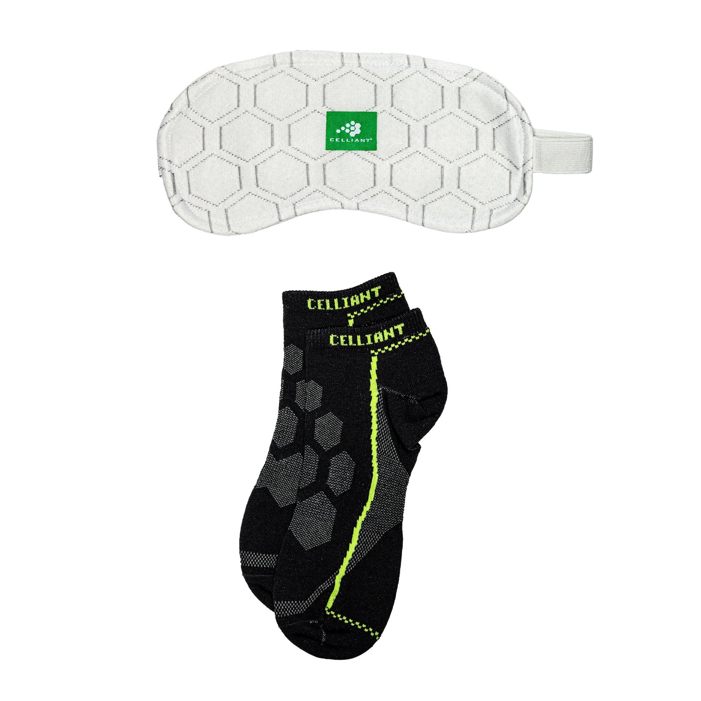 The DFND CELLIANT SOCK AND SLEEP MASK includes a white hexagon-patterned sleep mask and black ankle socks with yellow accents, both labeled "CELLIANT." See part number TR116 for details.