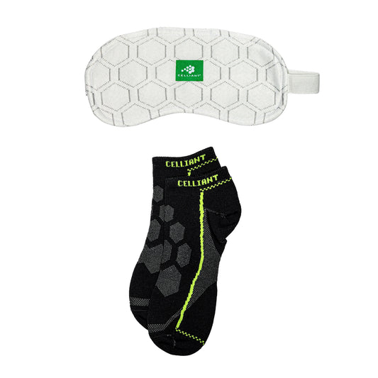 The DFND CELLIANT SOCK AND SLEEP MASK includes a white hexagon-patterned sleep mask and black ankle socks with yellow accents, both labeled "CELLIANT." See part number TR116 for details.
