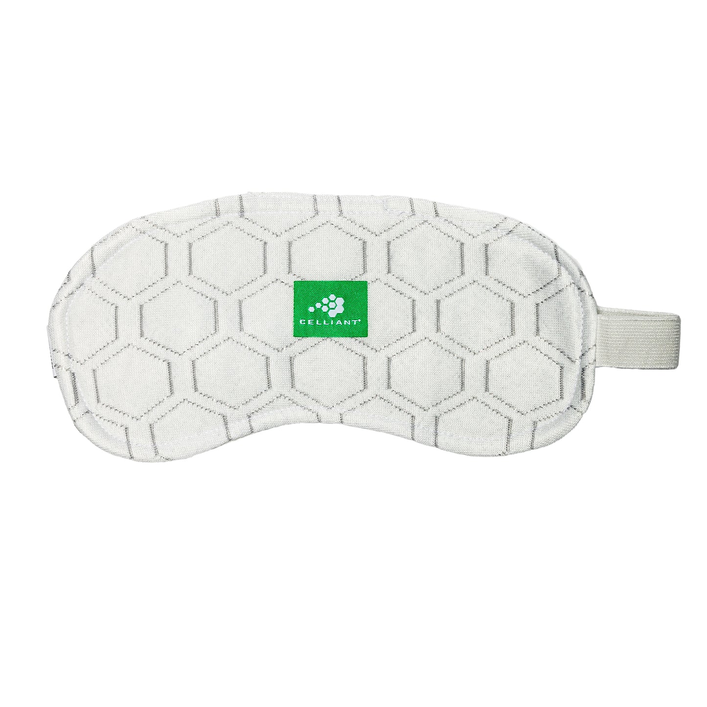 The DFND CELLIANT SOCK AND SLEEP MASK is a white sleep mask with a hexagon pattern, green Celliant logo tag, and an elastic strap on the right side. See part number TR116 for details.