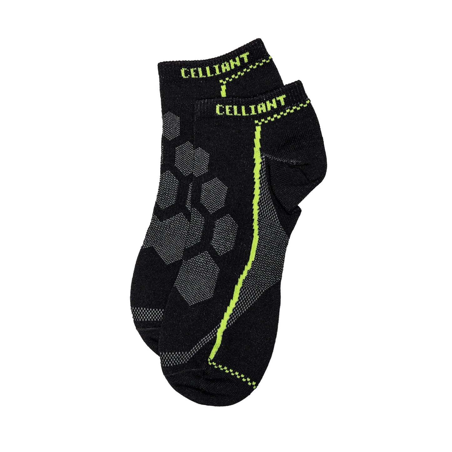 A pair of black DFND ankle socks with gray hexagon patterns and neon green accents, "CELLIANT" on the cuffs. For details or part number TR116, see packaging. Product: CELLIANT SOCK AND SLEEP MASK.