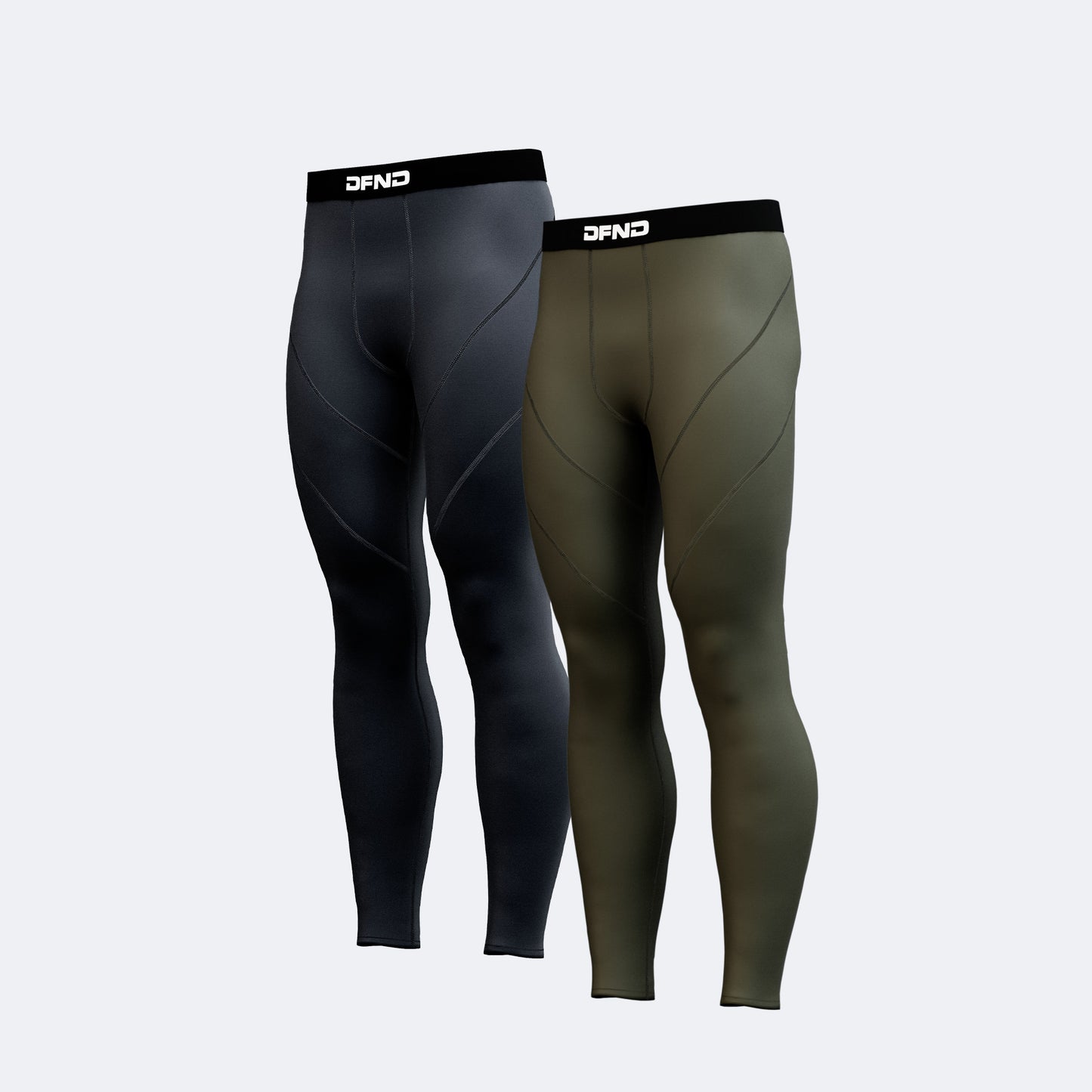 The DFND RECOVER Rx COMPRESSION TIGHT 2-PACK features one black and one olive green pair, both with black "DFND" waistbands, designed for recovery compression support and musculoskeletal injury prevention.