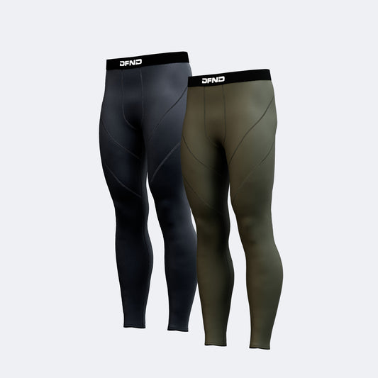 The DFND RECOVER Rx COMPRESSION TIGHT 2-PACK features one black and one olive green pair, both with black "DFND" waistbands, designed for recovery compression support and musculoskeletal injury prevention.