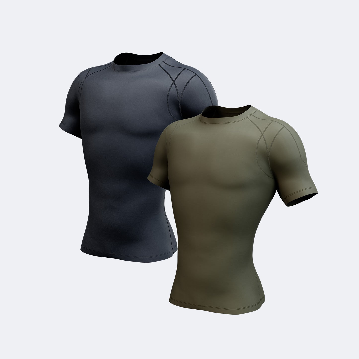 The DFND HYBRID Ax/Rx SHORT SLEEVE COMPRESSION SHIRT 2-PACK includes fitted, moisture-wicking shirts in dark gray and olive green, designed for posture support. Displayed side by side on a plain light background.