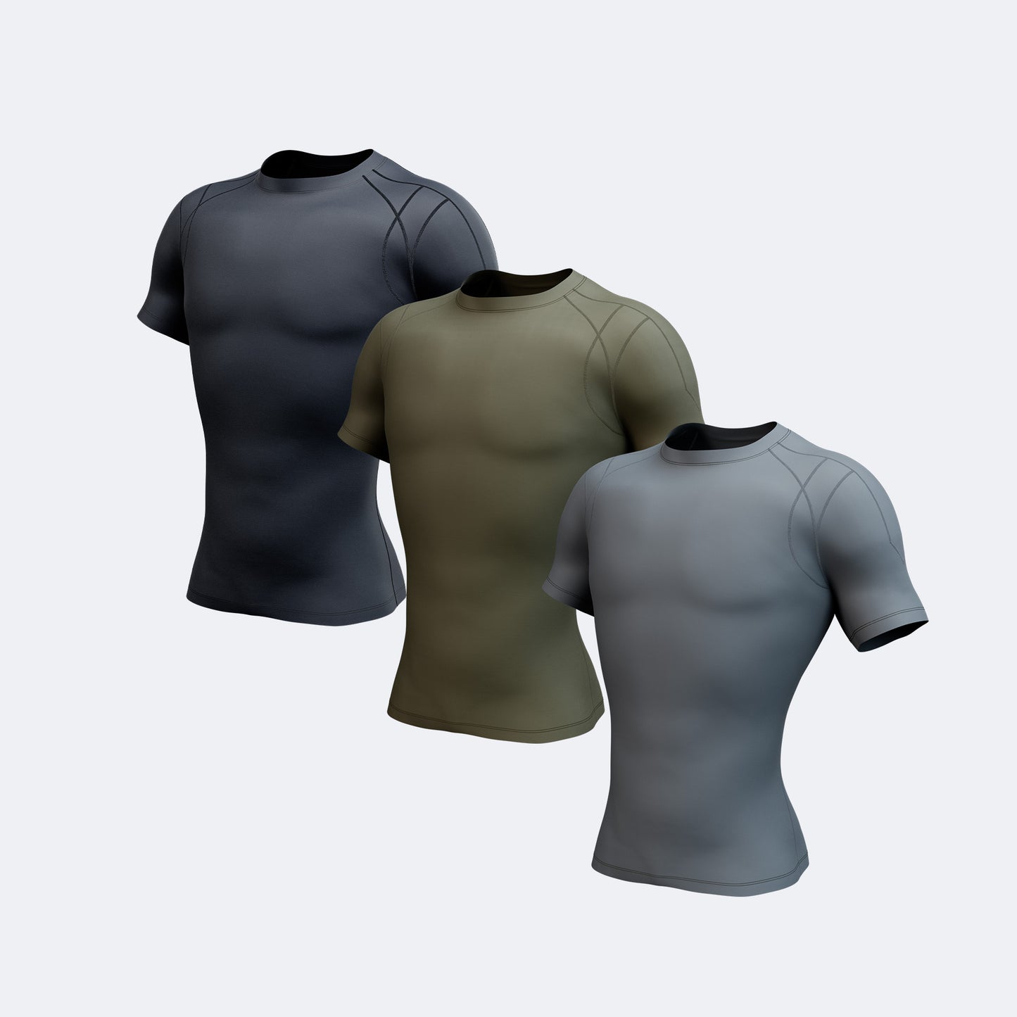 The DFND HYBRID Ax/Rx SHORT SLEEVE COMPRESSION SHIRT 3-PACK features moisture-wicking base layer shirts in black, olive green, and gray, displayed side by side on a plain light background for optimal workout comfort.